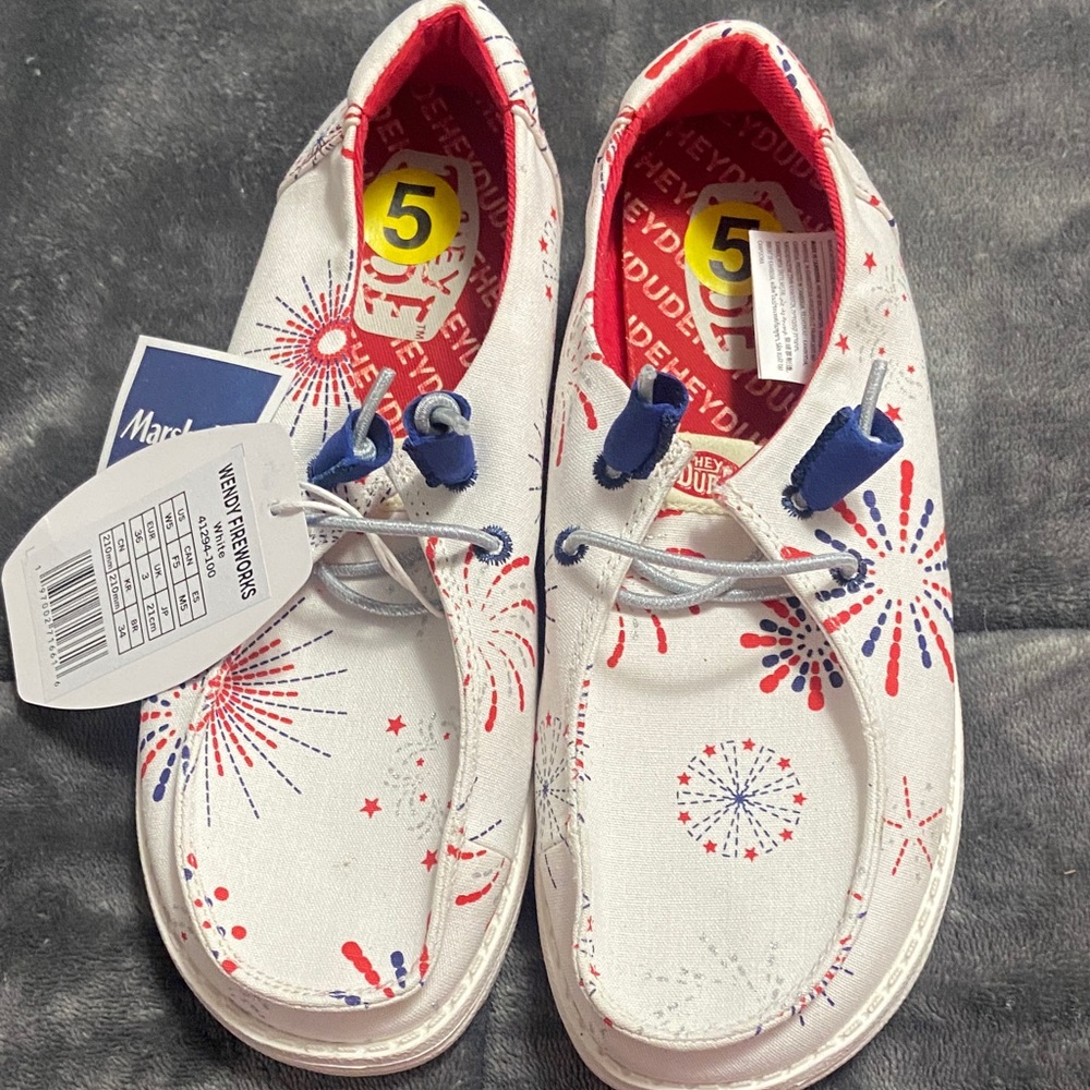 Hey Dude Kids White Moccasins with Fireworks Design